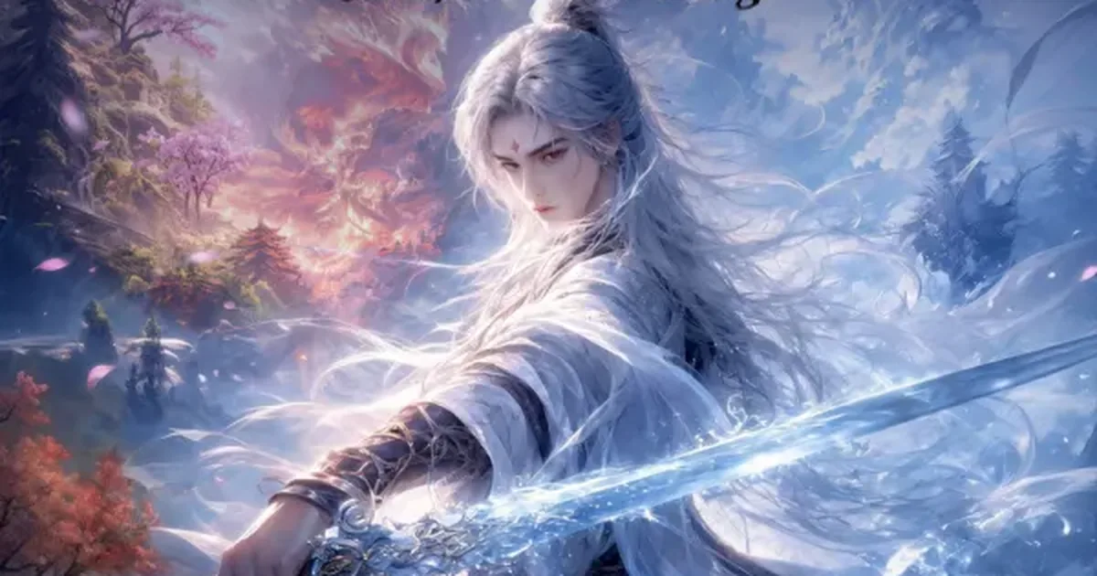 Official Webnovel cover showing a white-haired swordsman with a blade across a seasonal landscape