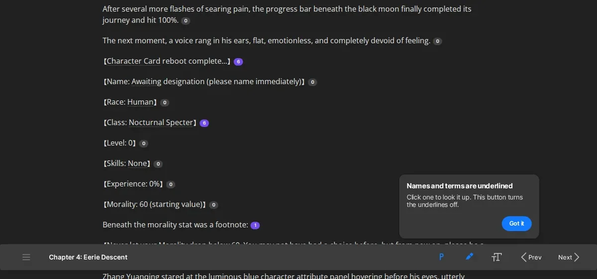 Realm Walker Chapter 4 on Wuxiaworld: the Character Card panel lists Class Nocturnal Specter, Level 0 and Morality 60