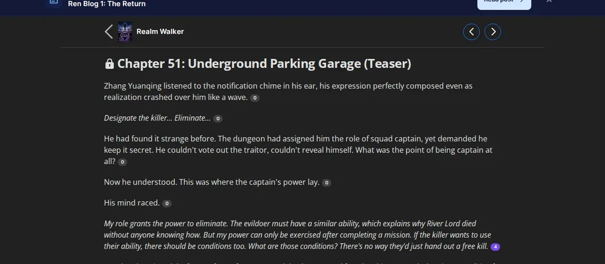 Realm Walker Chapter 51, Underground Parking Garage, marked Teaser and locked on Wuxiaworld