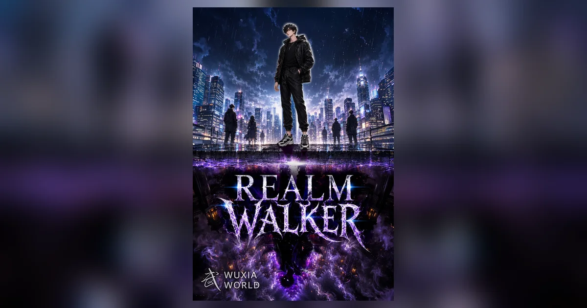 Realm Walker cover showing a young man in a black hoodie standing above a neon city skyline at night with purple lightning