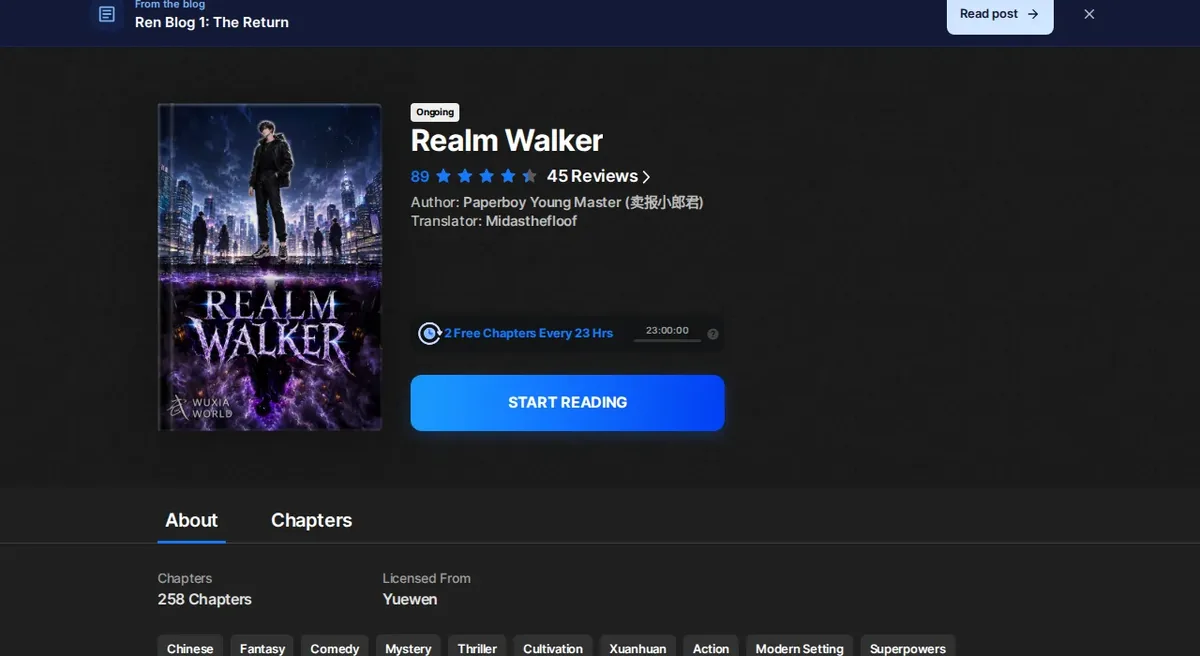 Wuxiaworld listing for Realm Walker showing the Ongoing badge, a score of 89 from 45 reviews, author Paperboy Young Master and translator Midasthefloof, and the 2 free chapters every 23 hours timer