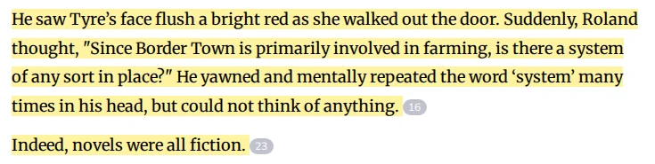 Chapter 2 of Release That Witch on Webnovel, highlighted passage where Roland repeats the word system in his head and concludes novels were all fiction