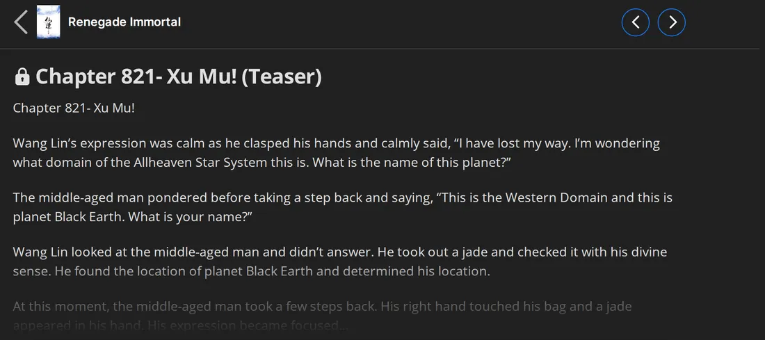 Wuxiaworld chapter 821, Xu Mu!, teaser: Wang Lin asks what domain of the Allheaven Star System he is in and learns it is the Western Domain, planet Black Earth