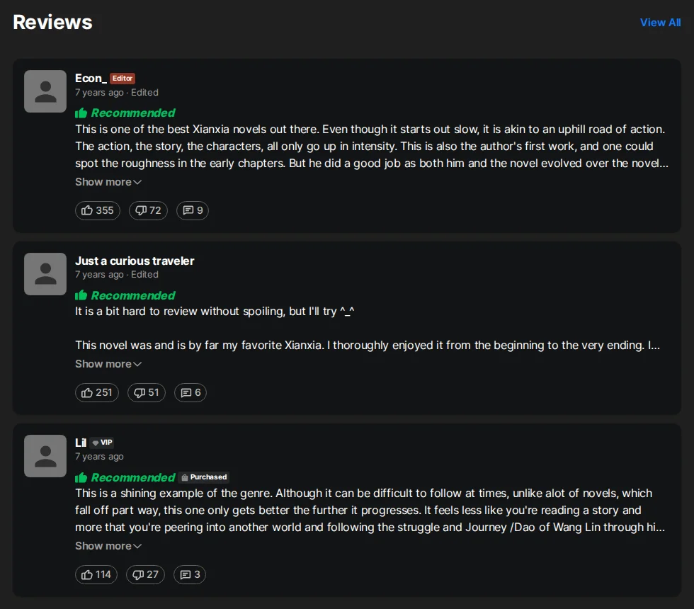 Three Recommended reader reviews of Renegade Immortal on Wuxiaworld from Econ_, Just a curious traveler and Lil