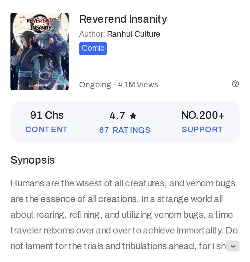 Webnovel page for the Reverend Insanity comic by Ranhui Culture: 91 chapters, 4.1 million views, rated 4.7 from 67 ratings