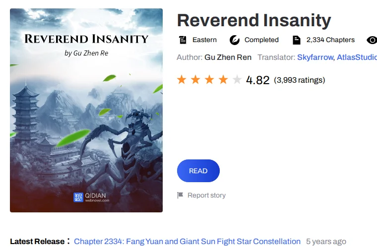 Webnovel page for Reverend Insanity showing Completed, 2,334 chapters and the latest release, chapter 2334