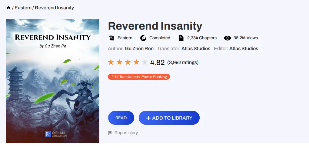 WebNovel listing for Reverend Insanity showing the cover, Completed status, 2,334 chapters, 38.3M views and a 4.82 rating from 3,993 ratings