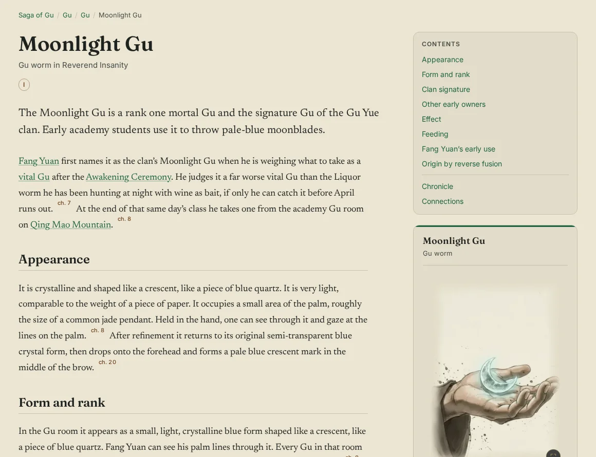 Saga of Gu wiki page for Moonlight Gu, describing it as a rank one mortal Gu and the signature Gu of the Gu Yue clan, with a drawing of a crescent over an open hand