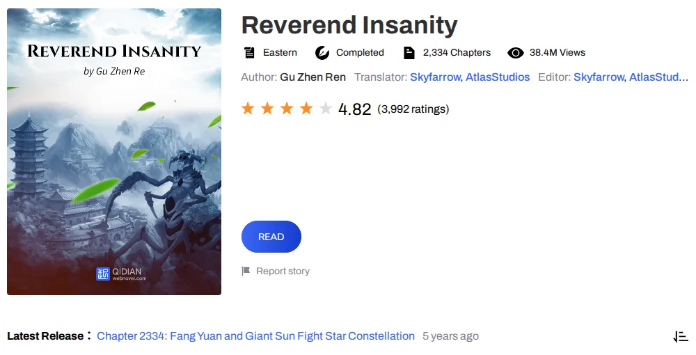 Webnovel listing for Reverend Insanity: Eastern, Completed, chapter and view counts, author Gu Zhen Ren, rating 4.82, latest release the final chapter