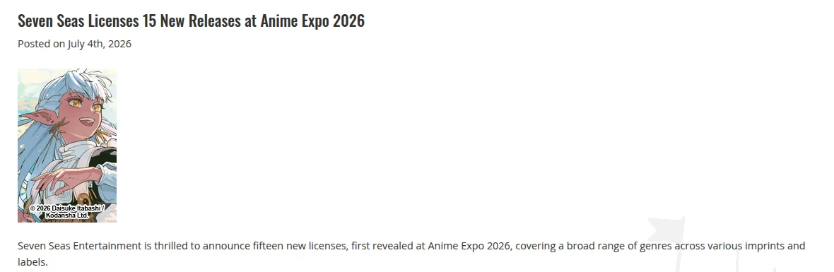 Seven Seas news post header: Seven Seas Licenses 15 New Releases at Anime Expo 2026, posted on July 4th, 2026, with the Dark Elf cover