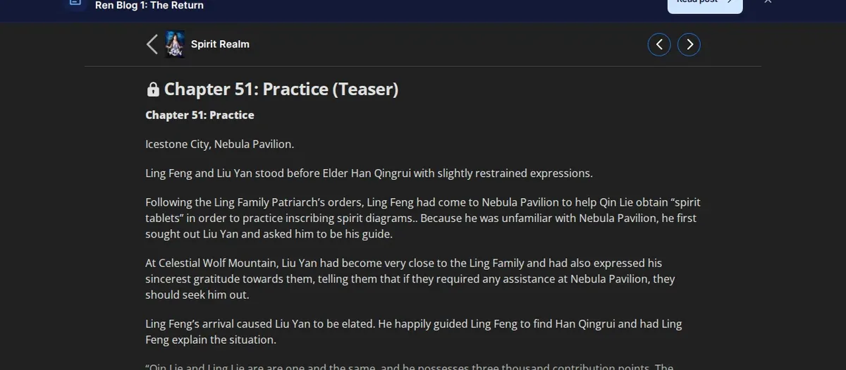 Spirit Realm Chapter 51, Practice, marked Teaser and locked on Wuxiaworld