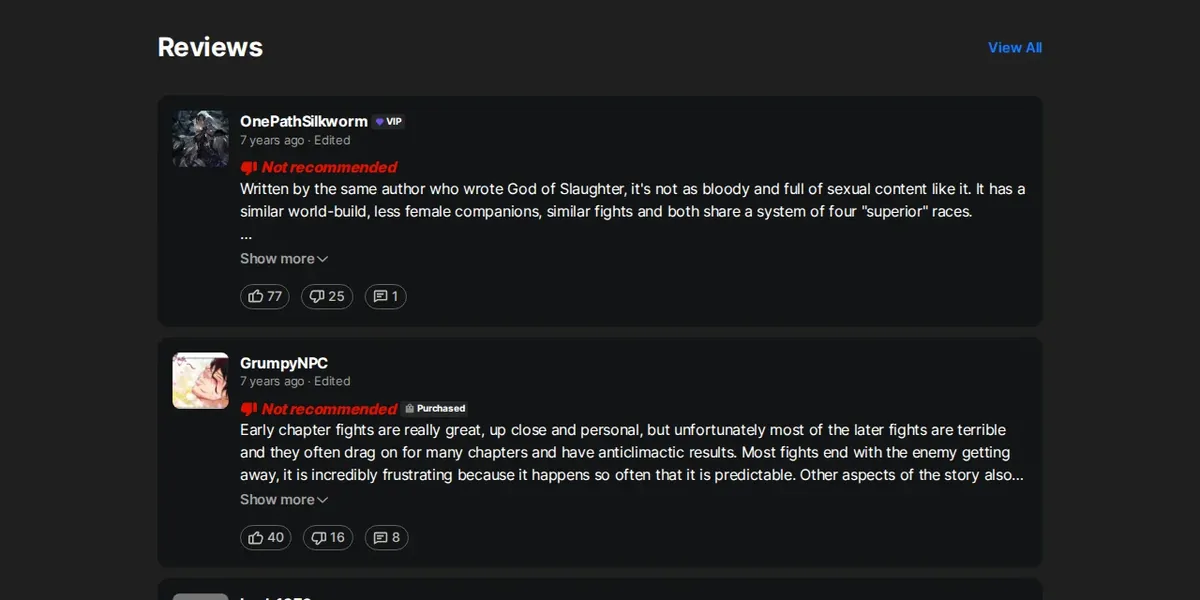 Wuxiaworld reader reviews of Spirit Realm: OnePathSilkworm (VIP) and GrumpyNPC (Purchased), both marked Not recommended, seven years old