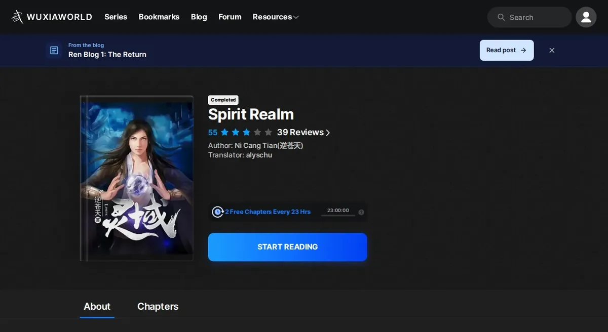 Wuxiaworld listing for Spirit Realm showing the Completed badge, a score of 55 from 39 reviews, author Ni Cang Tian and translator alyschu, and the 2 free chapters every 23 hours timer