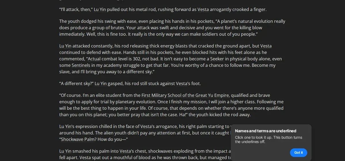 Star Odyssey Chapter 4 on Wuxiaworld: Vesta tells Lu Yin his actual combat level is 302 and offers to make him his slave