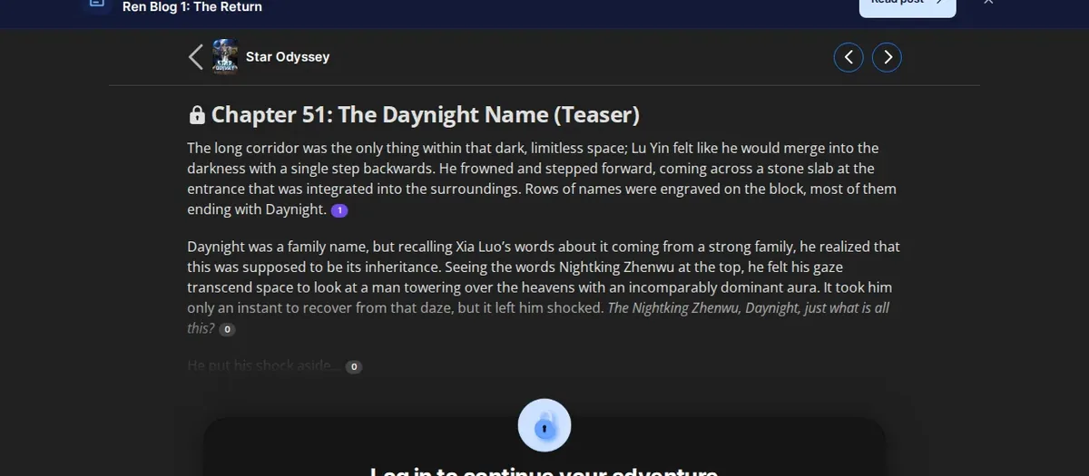 Star Odyssey Chapter 51, The Daynight Name, marked Teaser and locked on Wuxiaworld