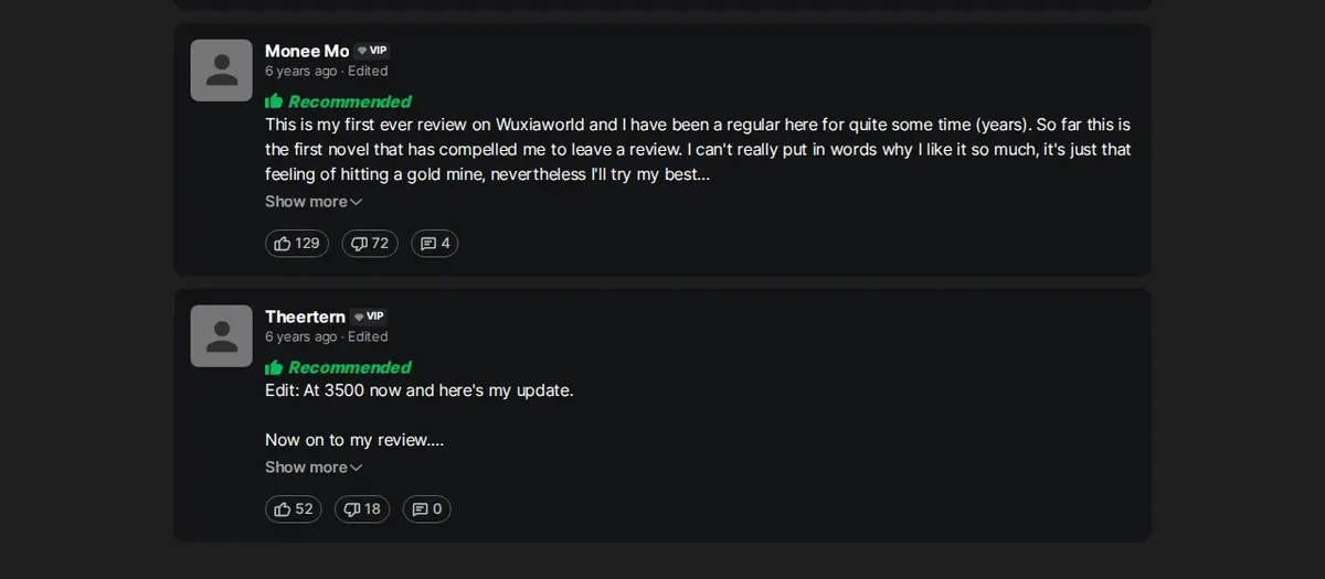 Wuxiaworld reader reviews of Star Odyssey: Monee Mo and Theertern, both Recommended, six years old