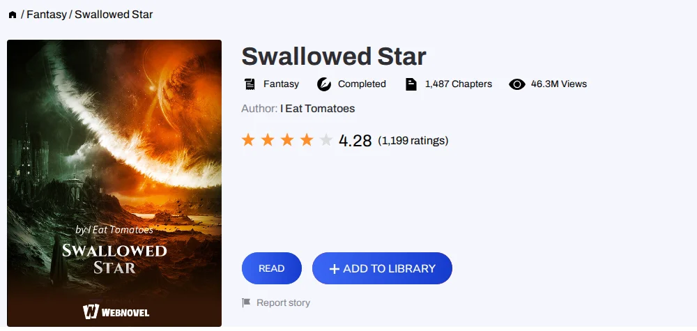 Webnovel page for Swallowed Star showing the cover, the Completed badge, the chapter count, views and reader rating