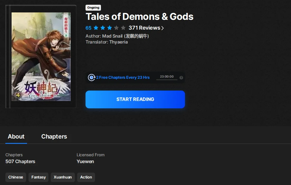 Wuxiaworld listing for Tales of Demons & Gods showing the Ongoing badge, a 65 score with 371 reviews, author Mad Snail, 507 chapters, Yuewen license and four genre tags