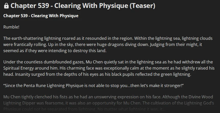Wuxiaworld teaser for The Great Ruler chapter 539, Clearing With Physique: Mu Chen sits in the green lightning sea and vows to push his Penta Rune Lightning Physique further