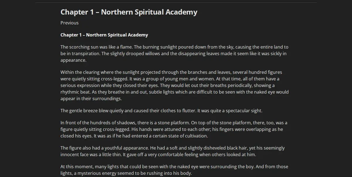 Opening page of The Great Ruler Chapter 1, Northern Spiritual Academy, on Wuxiaworld with the scorching sun paragraph and students sitting cross-legged
