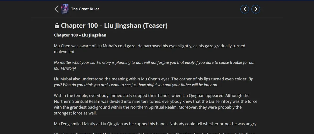 Locked teaser view of The Great Ruler Chapter 100, Liu Jingshan, on Wuxiaworld with a padlock icon beside the chapter title