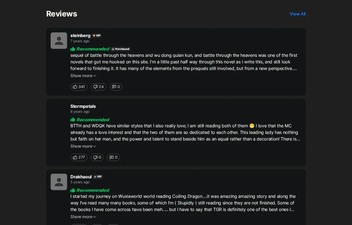 Three Wuxiaworld reader reviews of The Great Ruler, all marked Recommended: steinberg, Stormpetals and Drakhaoul
