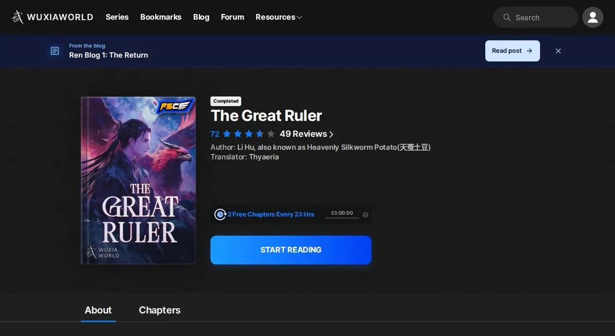 Wuxiaworld listing for The Great Ruler showing the Completed badge, a 72 score with 49 reviews, author Li Hu and the 2 Free Chapters Every 23 Hrs timer