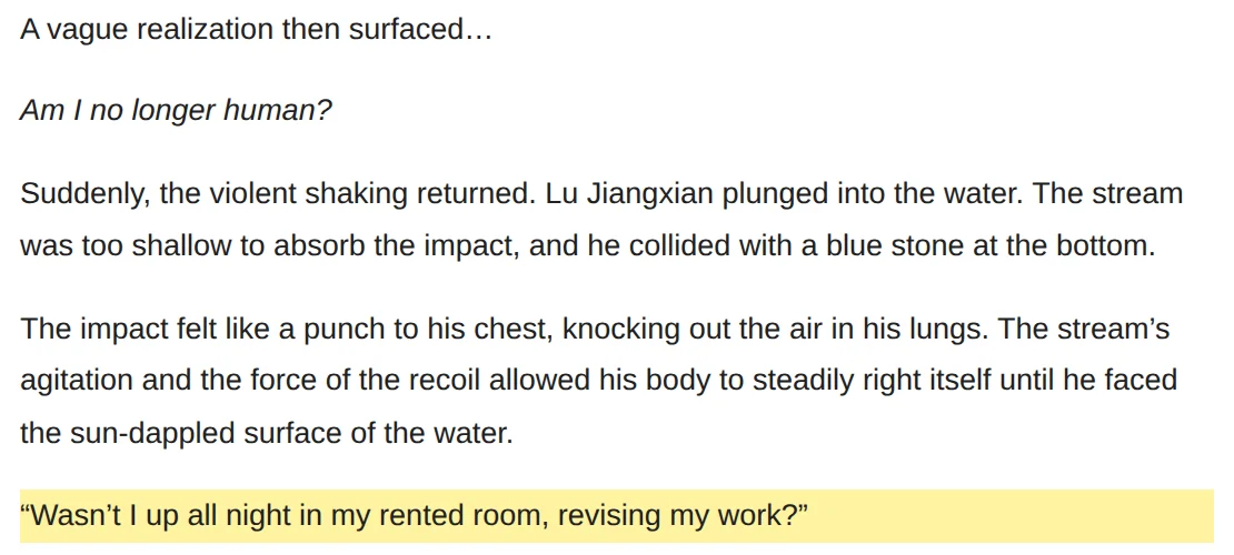 Chapter 1 of The Mirror Legacy on Wuxiaworld, with Lu Jiangxian's line "Wasn't I up all night in my rented room, revising my work?" highlighted after he lands in the stream