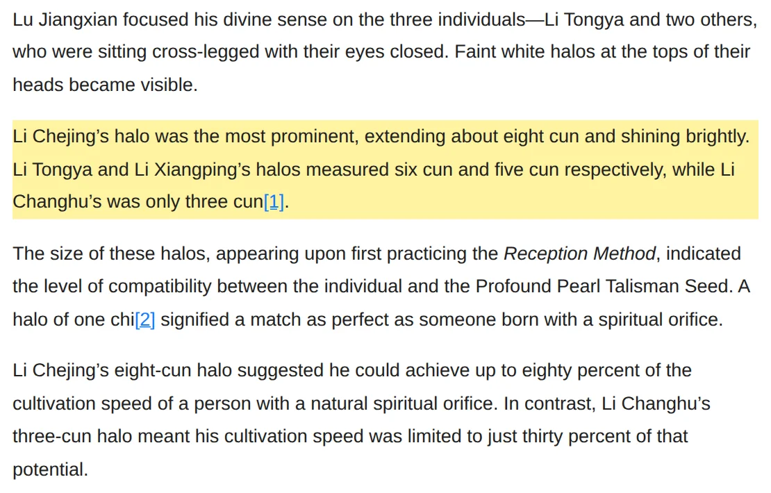 Chapter 8 of The Mirror Legacy on Wuxiaworld, highlighting the passage where Li Chejing's halo reaches eight cun, Li Tongya's six, Li Xiangping's five and Li Changhu's only three
