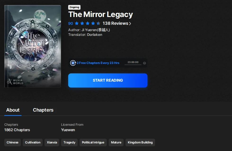 Wuxiaworld page for The Mirror Legacy: Ongoing badge, a 90 score from 138 reviews, author Ji Yueren, translator Dorlaken, 1862 chapters, licensed from Yuewen, and tags including Tragedy, Political Intrigue and Kingdom Building