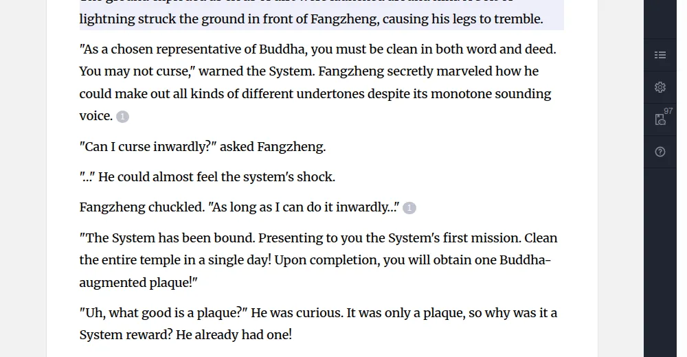 Chapter 2 of The Monk That Wanted To Renounce Asceticism on Webnovel: the System warns Fangzheng he may not curse, he asks if he can curse inwardly, and it assigns its first mission, cleaning the whole temple in a day for a Buddha-augmented plaque
