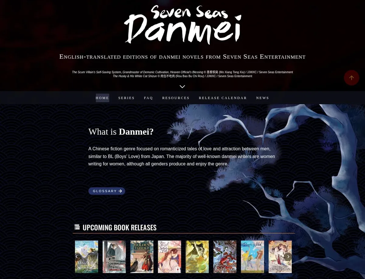 Seven Seas Danmei homepage with the logo, a What is Danmei definition and an Upcoming Book Releases strip of eight covers