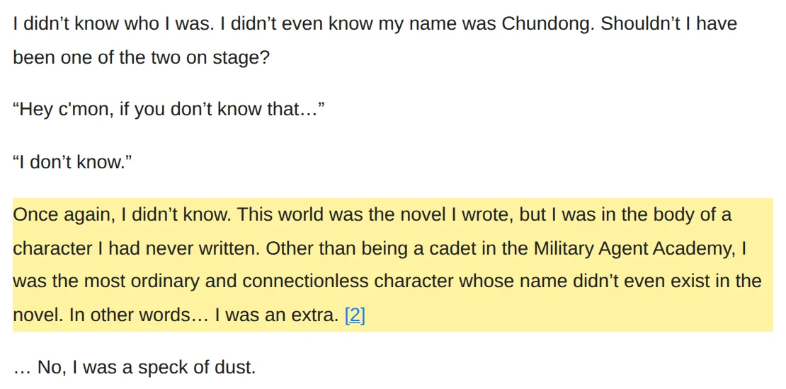 Chapter 0 of The Novel's Extra on Wuxiaworld, highlighting Kim Hajin's realization that he is in the body of a character he never wrote