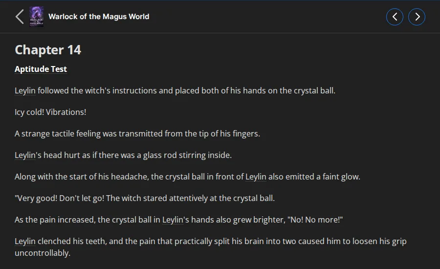 Opening of chapter 14, Aptitude Test, on Wuxiaworld, with Leylin placing both hands on a crystal ball