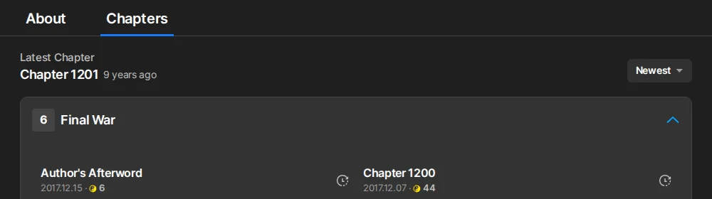 Wuxiaworld chapter list for the novel with the Final War arc open, showing the Author's Afterword dated 2017.12.15 and Chapter 1200 dated 2017.12.07