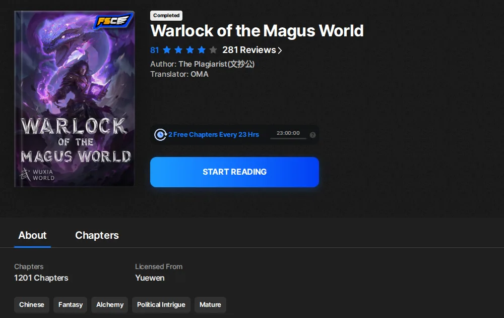 Wuxiaworld listing for Warlock of the Magus World showing Completed status, an 81 score, 281 reviews, 1201 chapters and Yuewen as licensor