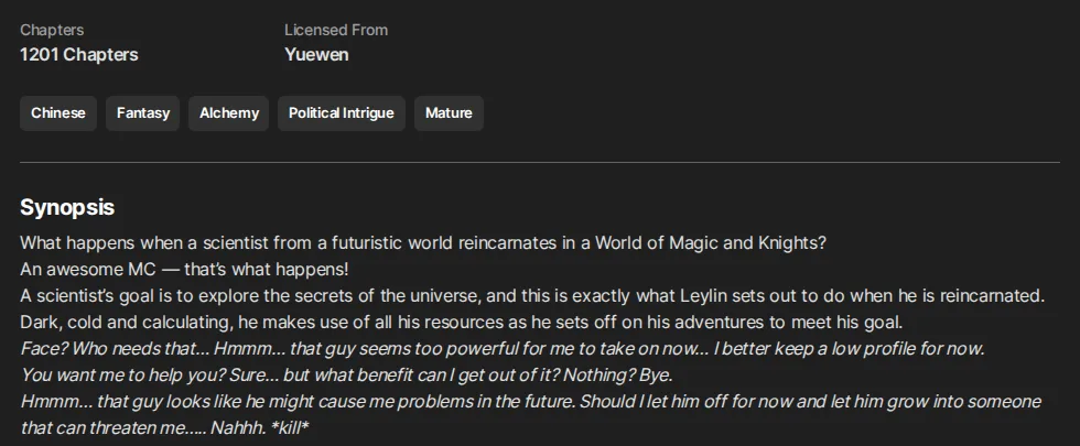 Wuxiaworld page for Warlock of the Magus World: 1201 Chapters, licensed from Yuewen, tags Chinese, Fantasy, Alchemy, Political Intrigue, Mature, and the synopsis about a scientist reincarnated in a World of Magic and Knights