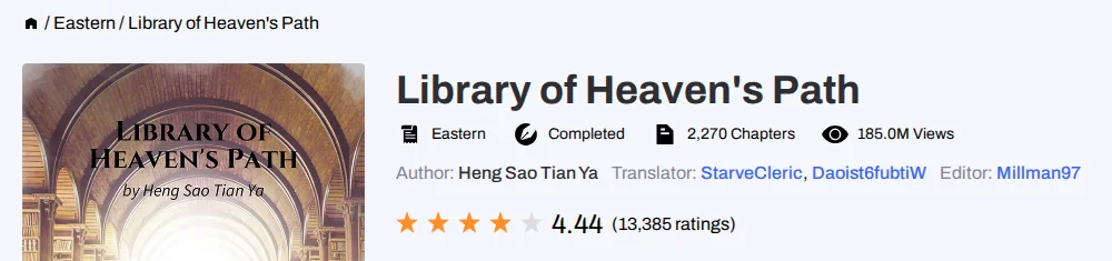 Library of Heaven's Path book page on Webnovel: Completed, 2,270 chapters, 185.0M views, 4.44 from 13,385 ratings
