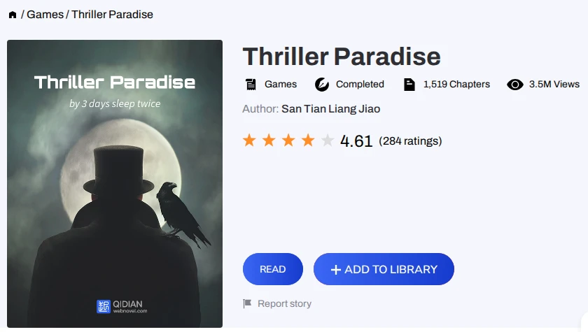 Webnovel page for Thriller Paradise showing a man in a top hat with a crow under a full moon, marked completed