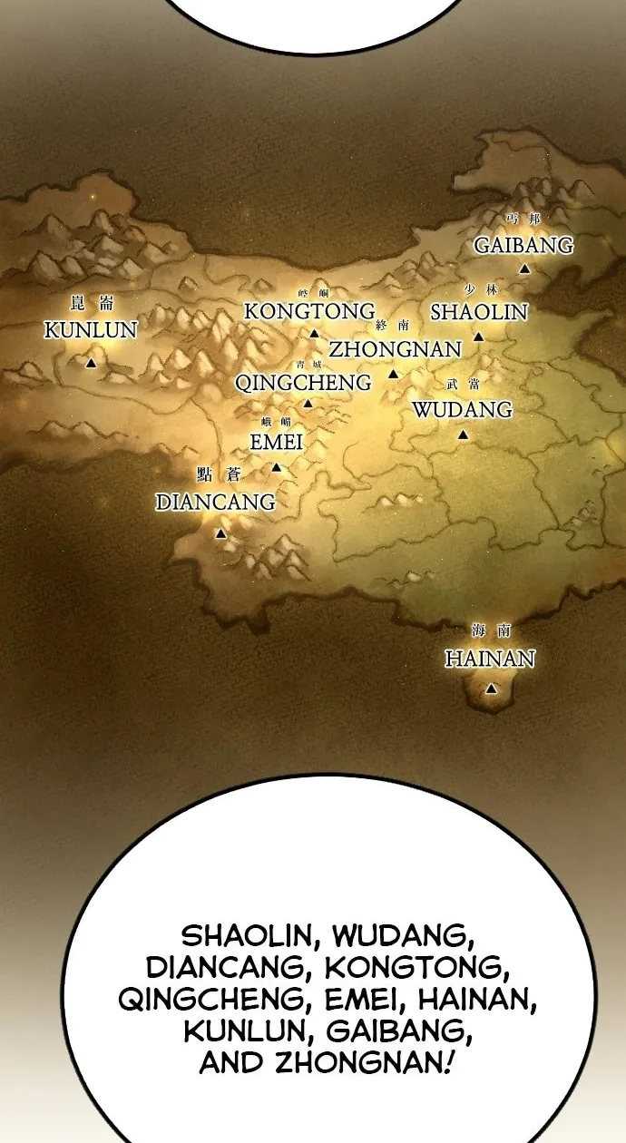 Return of the Blossoming Blade episode 1 panel: a map of China marking the Ten Great Sects, from Kunlun in the west to Shaolin, Wudang and Gaibang in the east and Hainan in the south