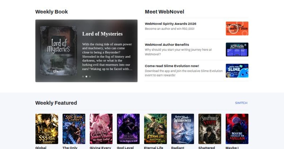 WebNovel public home page with a Weekly Book banner, a Meet WebNovel panel and a Weekly Featured row of book covers