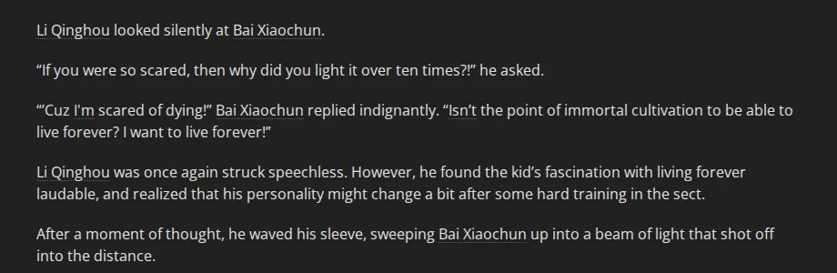 A Will Eternal chapter 1 on Wuxiaworld: Bai Xiaochun tells Li Qinghou he lit the incense because he is scared of dying and wants to live forever