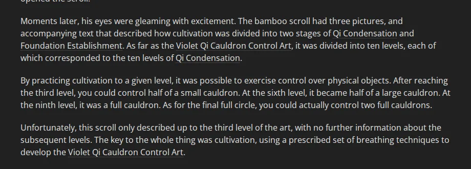 A Will Eternal chapter 2 on Wuxiaworld: the bamboo scroll explains that cultivation is divided into Qi Condensation and Foundation Establishment, with ten levels
