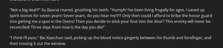 A Will Eternal chapter 3 on Wuxiaworld: Xu Baocai shouts that he saved up spirit stones for seven years to bribe his way into the Ovens